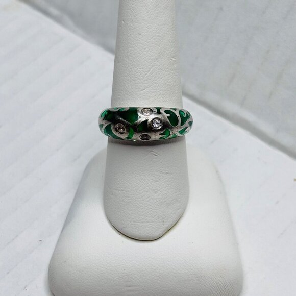 Vintage Sterling Silver Green Glass and Diamonique Stone Ring Size 8 - Picture 6 of 6